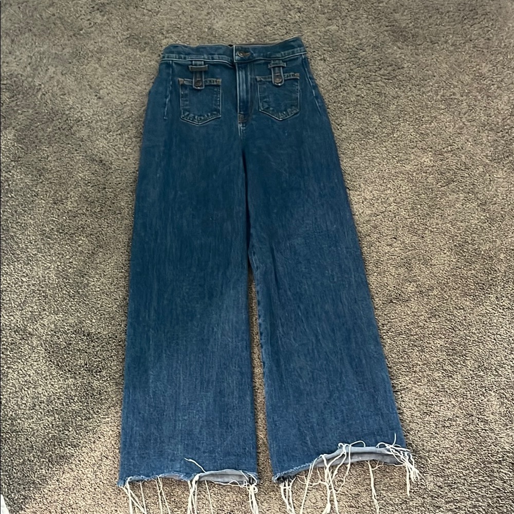 Veronica Beard Blue Flare Wide-Leg Denim with Raw Hem